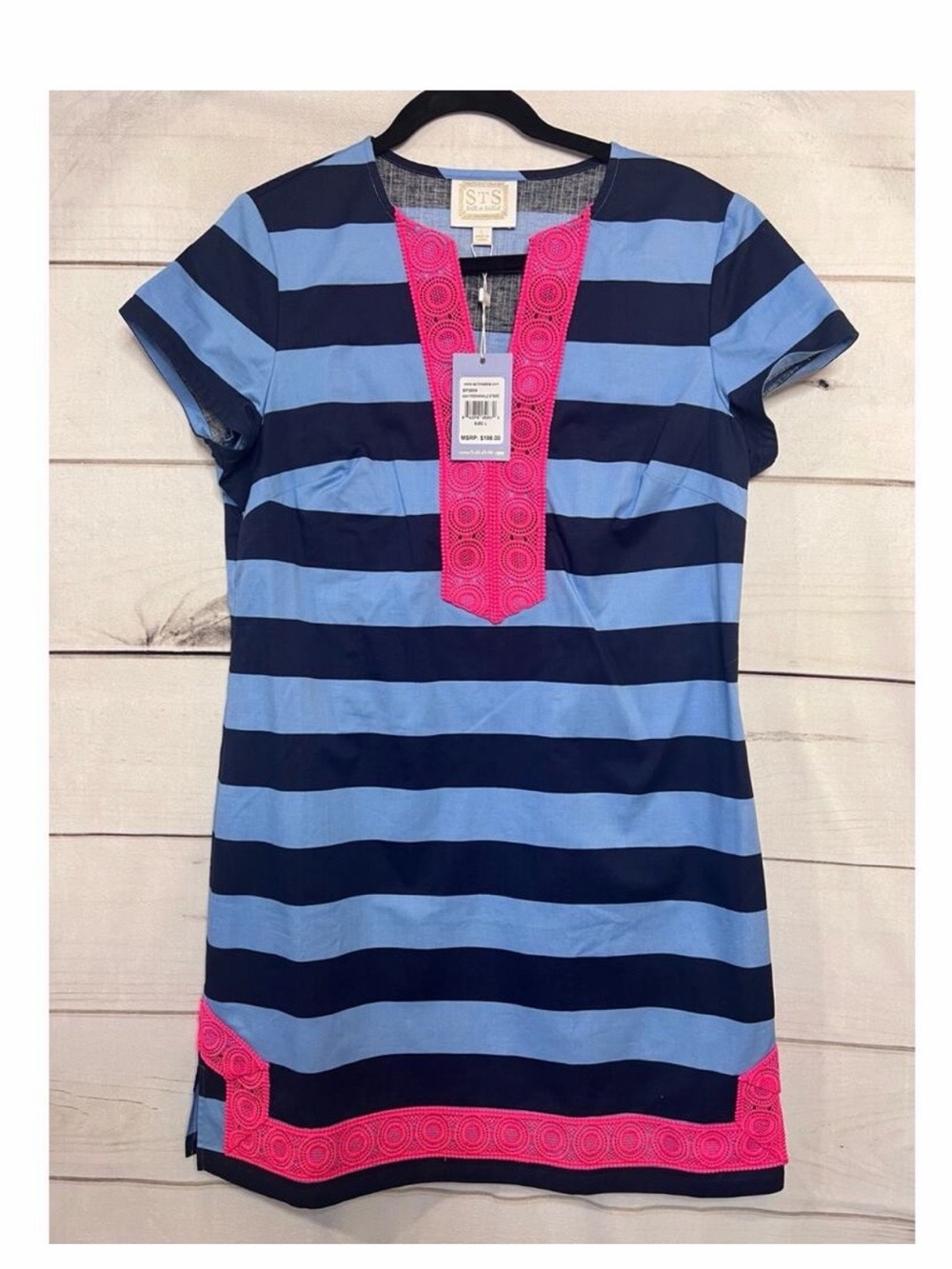 Sail to Sable Navy and Light Blue Striped Dress with Pink Trim